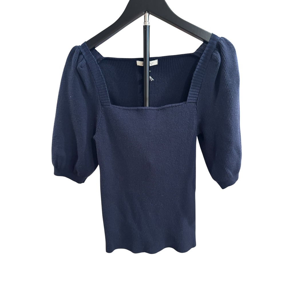 Z Supply Sibyl Short Sleeve Sweater Navy‎ Blue Ribbed Square Neck Puff Sleeve M